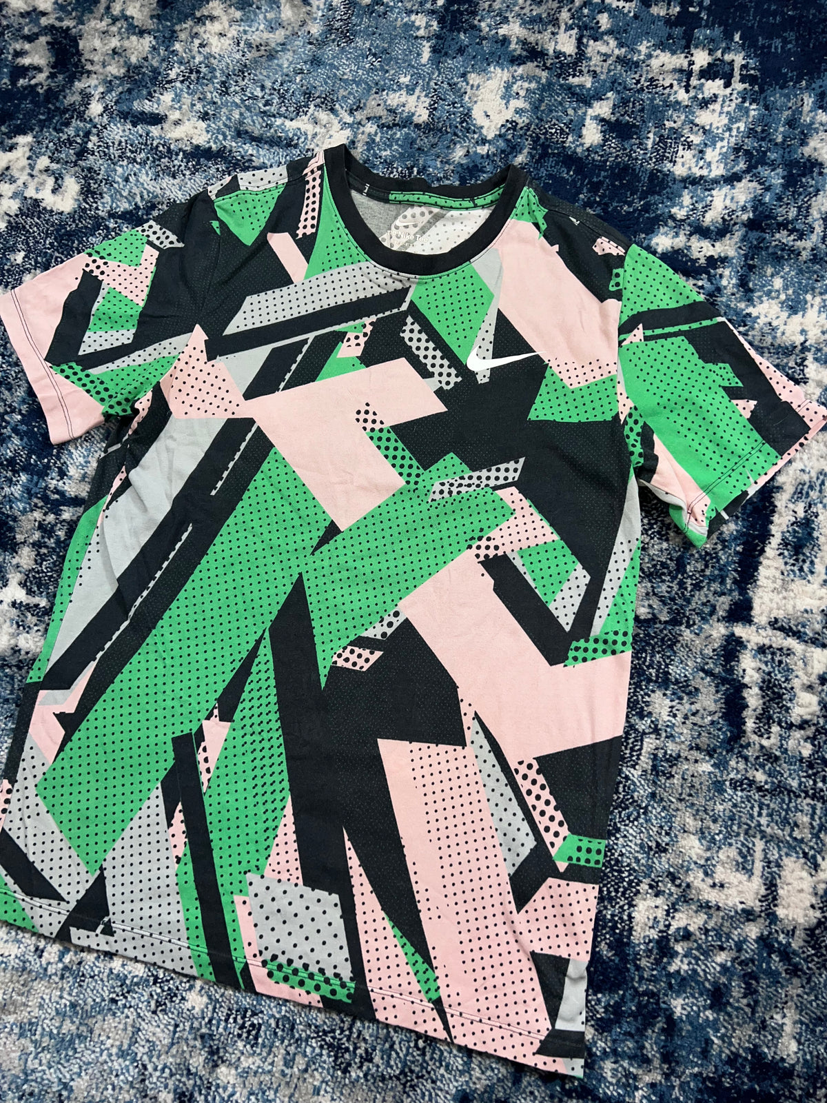 Nike Festival Geo Dri-FIT Cotton T-Shirt Green Pink Men’s Medium – Green / Pink in Green / Pink, men's Medium – detail view